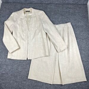 Vtg 90s Skirt Suit Womens M 2 Piece Linen Blend Beige Coastal Minimalist Office